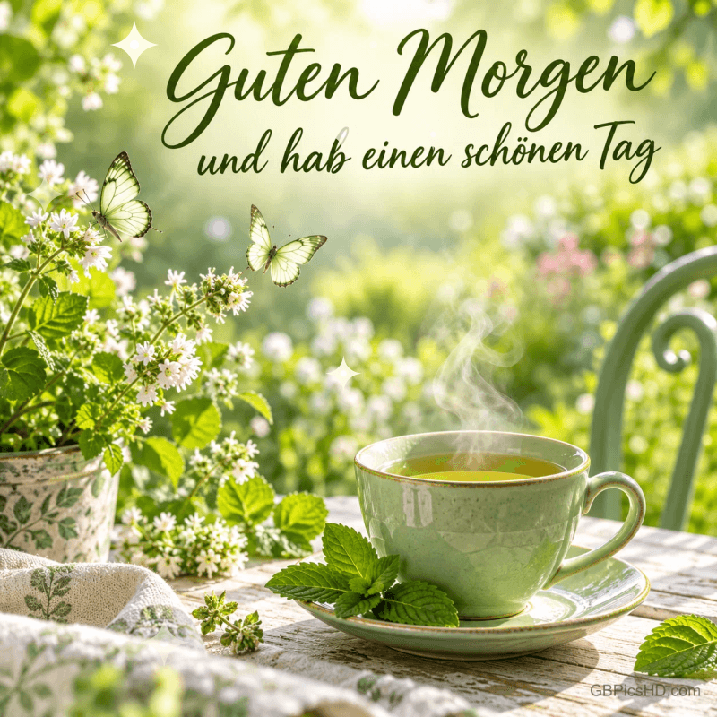 Eine dampfende grüne Tasse, Minze und Schmetterlinge im Garten mit "Guten Morgen und hab einen schönen Tag". Eine dampfende grüne Tasse, Minze und Schmetterlinge im Garten mit "Guten Morgen und hab einen schönen Tag".