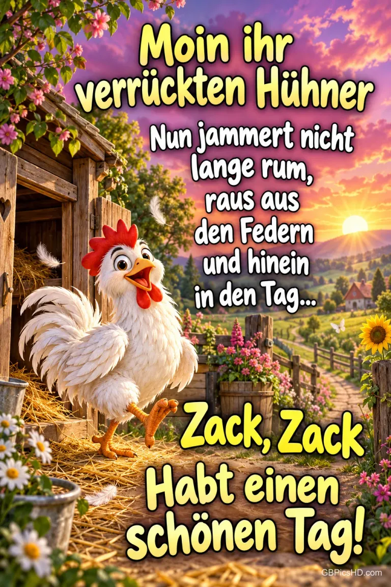 Ein fröhliches weißes Huhn vor einem Stall bei Sonnenaufgang mit "Habt einen schönen Tag!".