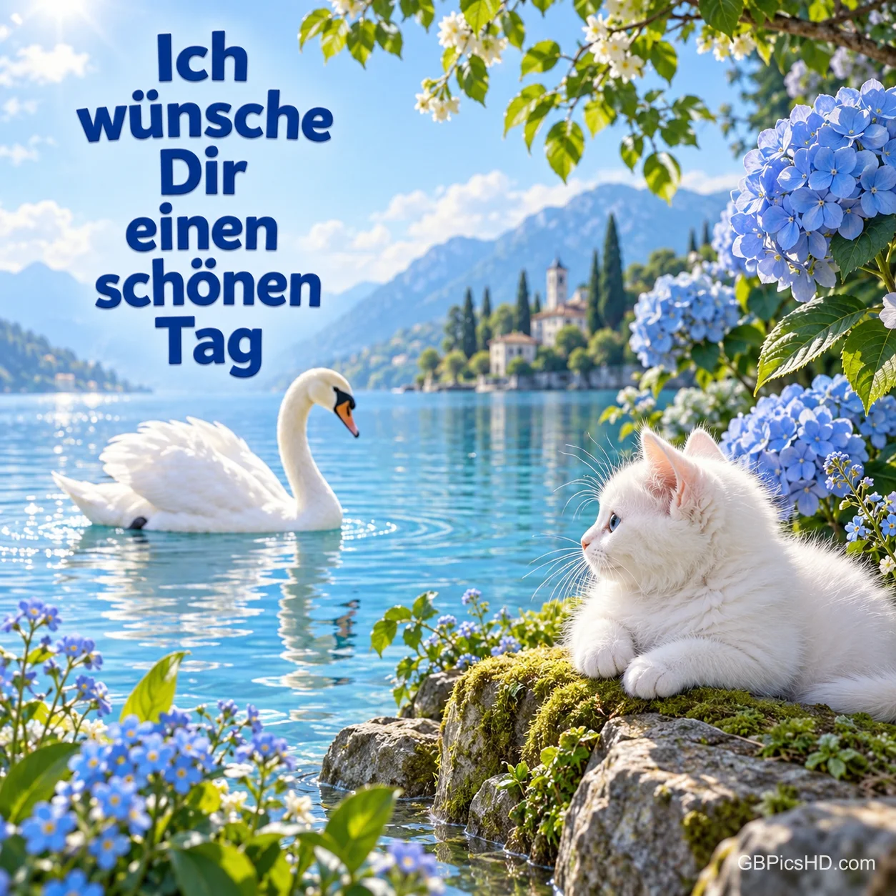Eine weiße Katze am See, ein Schwan und blaue Hortensien mit "Ich wünsche Dir einen schönen Tag".