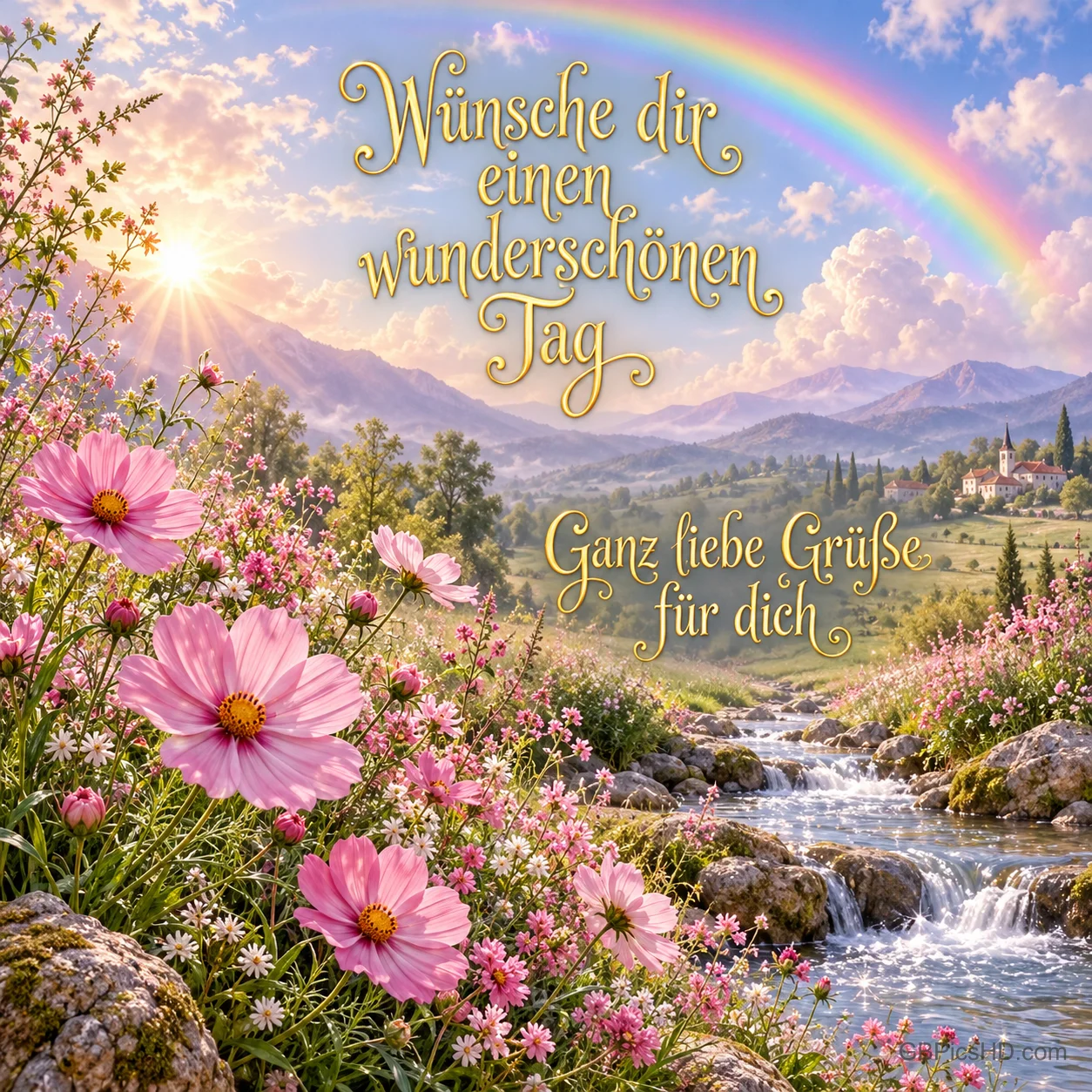 Ein Regenbogen über Bergen, rosa Blumen und einem Bach mit "Wünsche dir einen wunderschönen Tag Ganz liebe Grüße für dich". Ein Regenbogen über Bergen, rosa Blumen und einem Bach mit "Wünsche dir einen wunderschönen Tag Ganz liebe Grüße für dich".