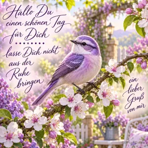 Ein violetter Vogel sitzt auf einem blühenden Zweig im Garten neben dem Gruß "Hallo Du einen schönen Tag für Dich".