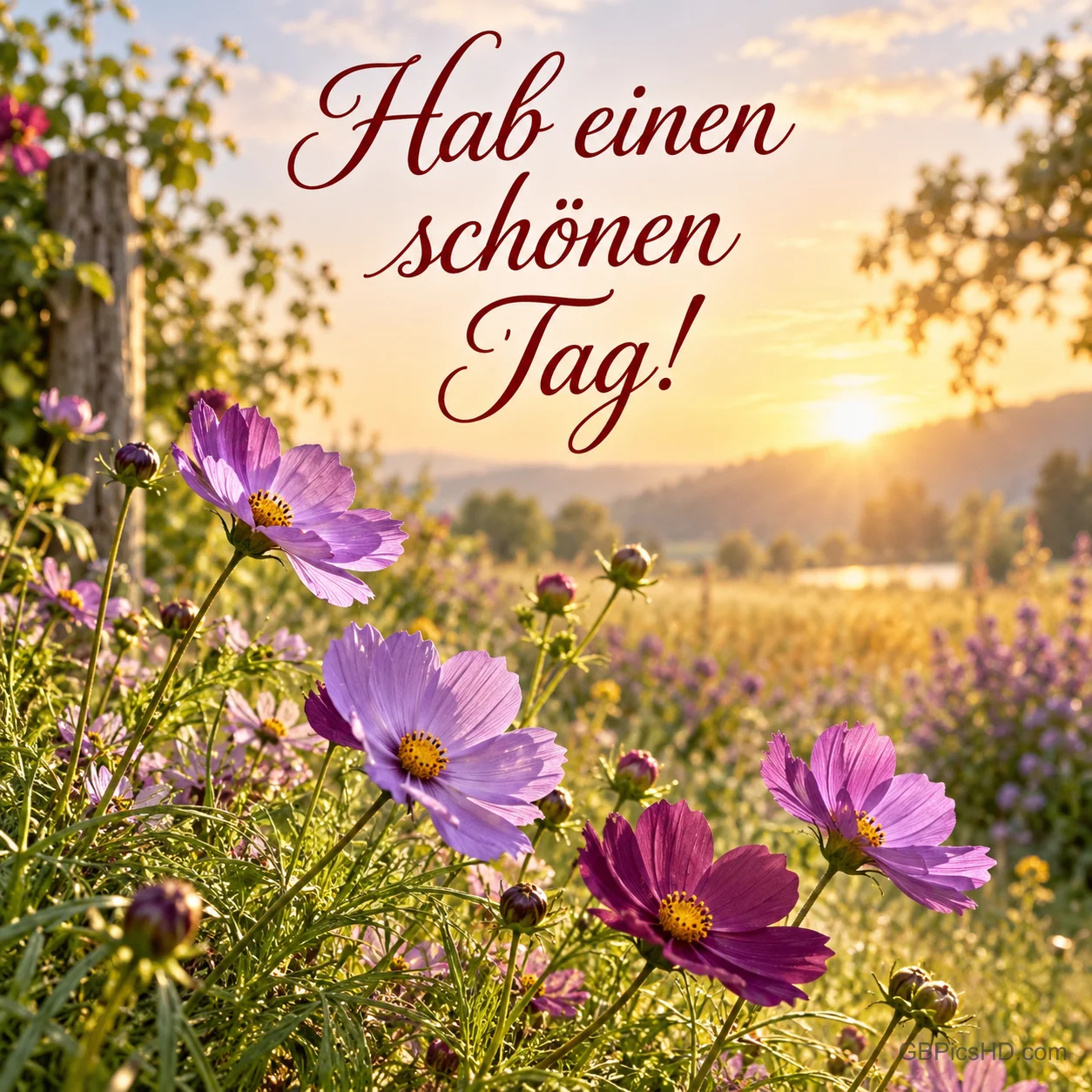 Rosa und violette Blumen an einer Wiese im goldenen Sonnenlicht mit "Hab einen schönen Tag!".