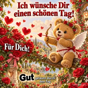 Ein Teddybär mit Flügeln und Bogen zwischen roten Rosen und Herzen mit "Ich wünsche Dir einen schönen Tag!".