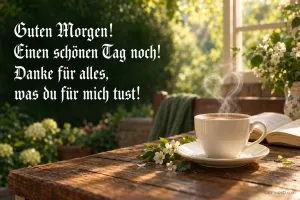 Eine dampfende Tasse steht neben einem Buch auf einem Gartentisch mit dem Gruß "Guten Morgen! Einen schönen Tag noch!".