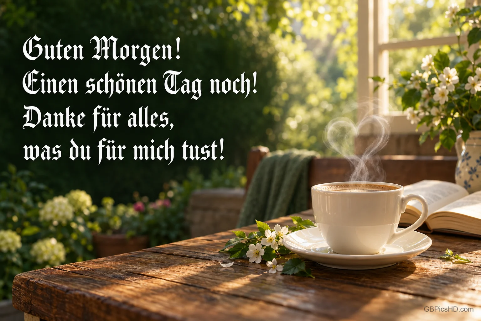 Eine dampfende Tasse steht neben einem Buch auf einem Gartentisch mit dem Gruß "Guten Morgen! Einen schönen Tag noch!". Eine dampfende Tasse steht neben einem Buch auf einem Gartentisch mit dem Gruß "Guten Morgen! Einen schönen Tag noch!".