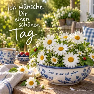 Margeriten und Marienkäfer in einer blauweißen Schale mit "Ich wünsche Dir einen schönen Tag Lass es dir gut gehen".