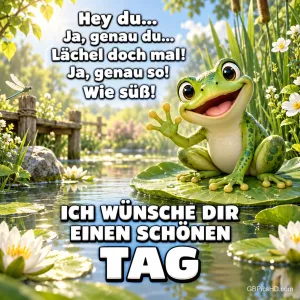 Ein lächelnder Frosch winkt auf einem Seerosenblatt mit "ICH WÜNSCHE DIR EINEN SCHÖNEN TAG".