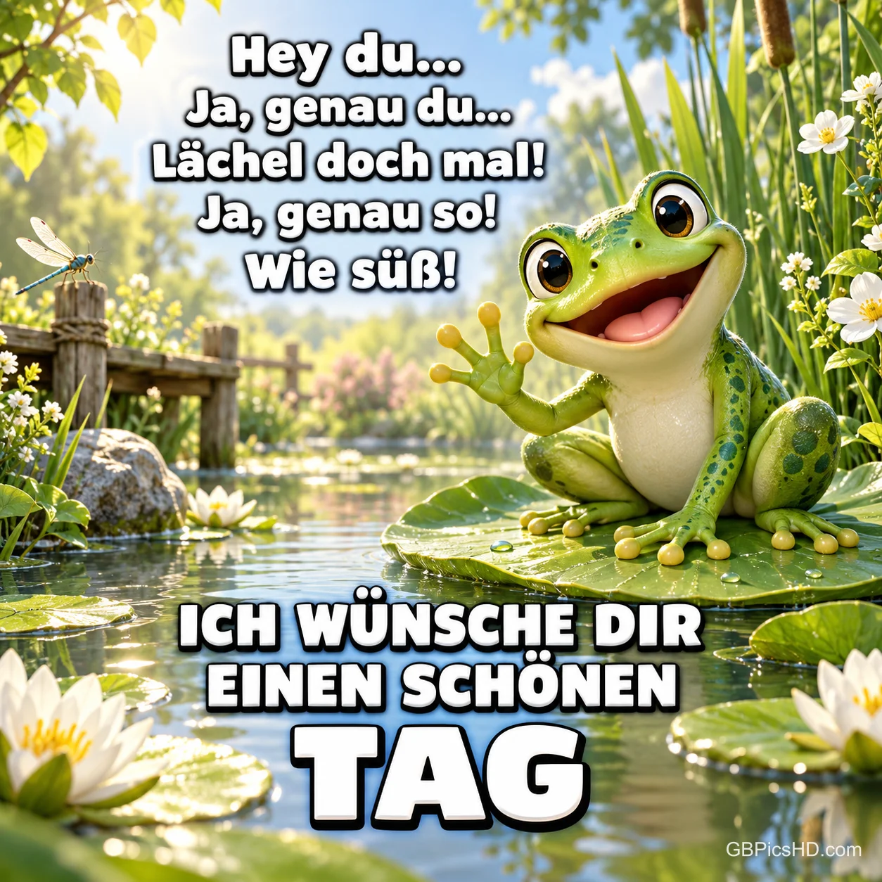 Ein lächelnder Frosch winkt auf einem Seerosenblatt mit "ICH WÜNSCHE DIR EINEN SCHÖNEN TAG".