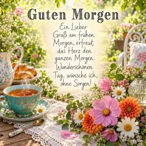 Eine türkisfarbene Teetasse, Croissants und ein bunter Blumenstrauß auf einem Gartentisch mit "Guten Morgen".