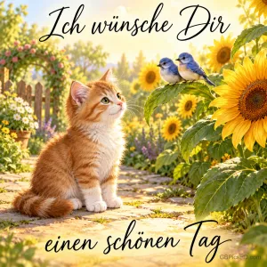 Ein rotweißes Kätzchen schaut zu zwei blauen Vögeln zwischen Sonnenblumen mit "Ich wünsche Dir einen schönen Tag".