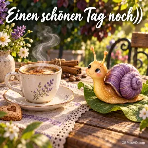 Eine Schnecke mit lila Haus sitzt neben einer Kaffeetasse unter "Einen schönen Tag noch))".