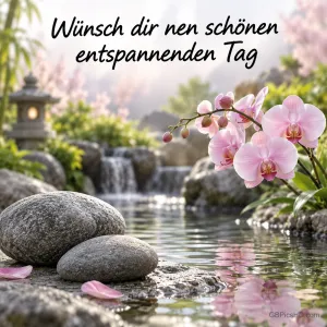 Rosa Orchideen und glatte Steine an einem Teich mit kleinem Wasserfall und "Wünsch dir nen schönen entspannenden Tag".