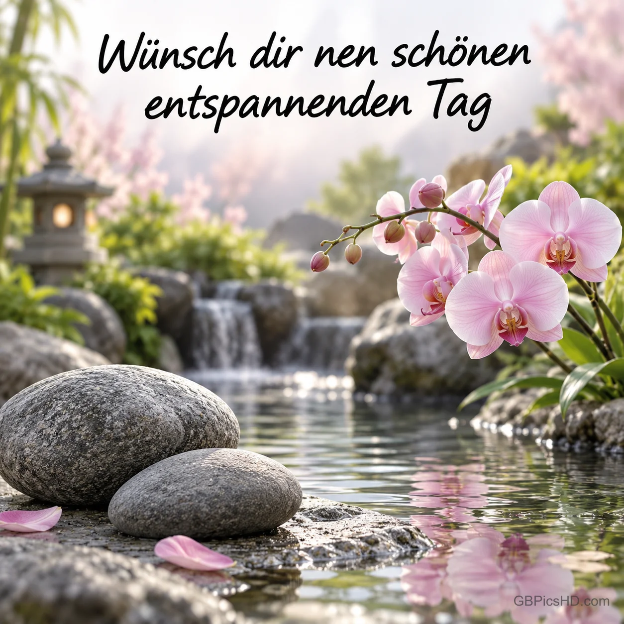 Rosa Orchideen und glatte Steine an einem Teich mit kleinem Wasserfall und "Wünsch dir nen schönen entspannenden Tag".