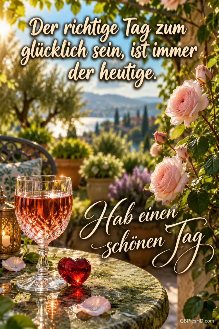 Rosa Rosen, ein Glas Rosé und ein rotes Glasherz auf einem Gartentisch mit "Hab einen schönen Tag".