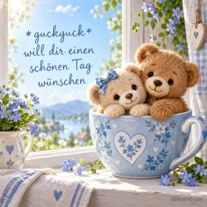 Zwei Teddybären sitzen in einer blauen Blumentasse am Fenster mit "*Guckguck* will dir einen schönen Tag wünschen".