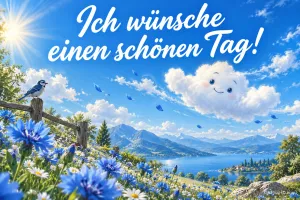 Eine lächelnde Wolke über einem Bergsee, blaue Blumen und ein Vogel am Zaun mit "Ich wünsche einen schönen Tag!".
