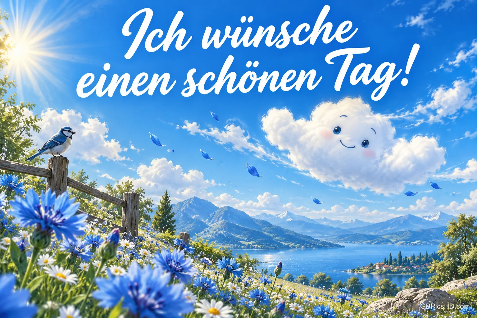 Eine lächelnde Wolke über einem Bergsee, blaue Blumen und ein Vogel am Zaun mit "Ich wünsche einen schönen Tag!".