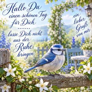 Ein blau-weißer Vogel sitzt auf einem Holzzaun zwischen weißen Blüten neben dem Gruß "Hallo Du einen schönen Tag für Dich".