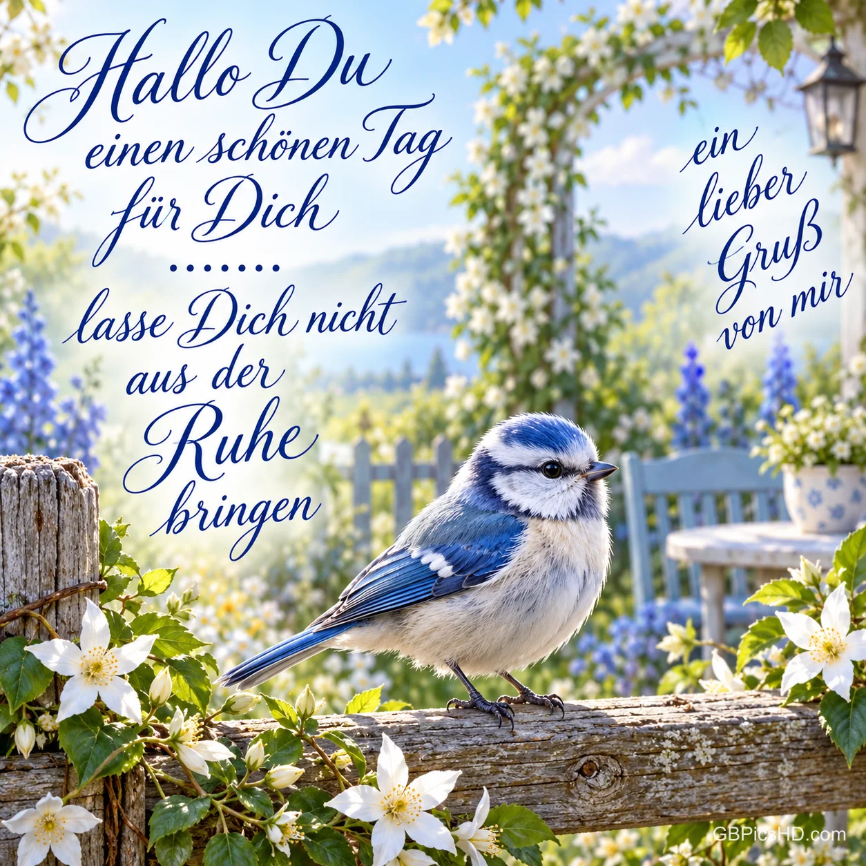 Ein blau-weißer Vogel sitzt auf einem Holzzaun zwischen weißen Blüten neben dem Gruß "Hallo Du einen schönen Tag für Dich".