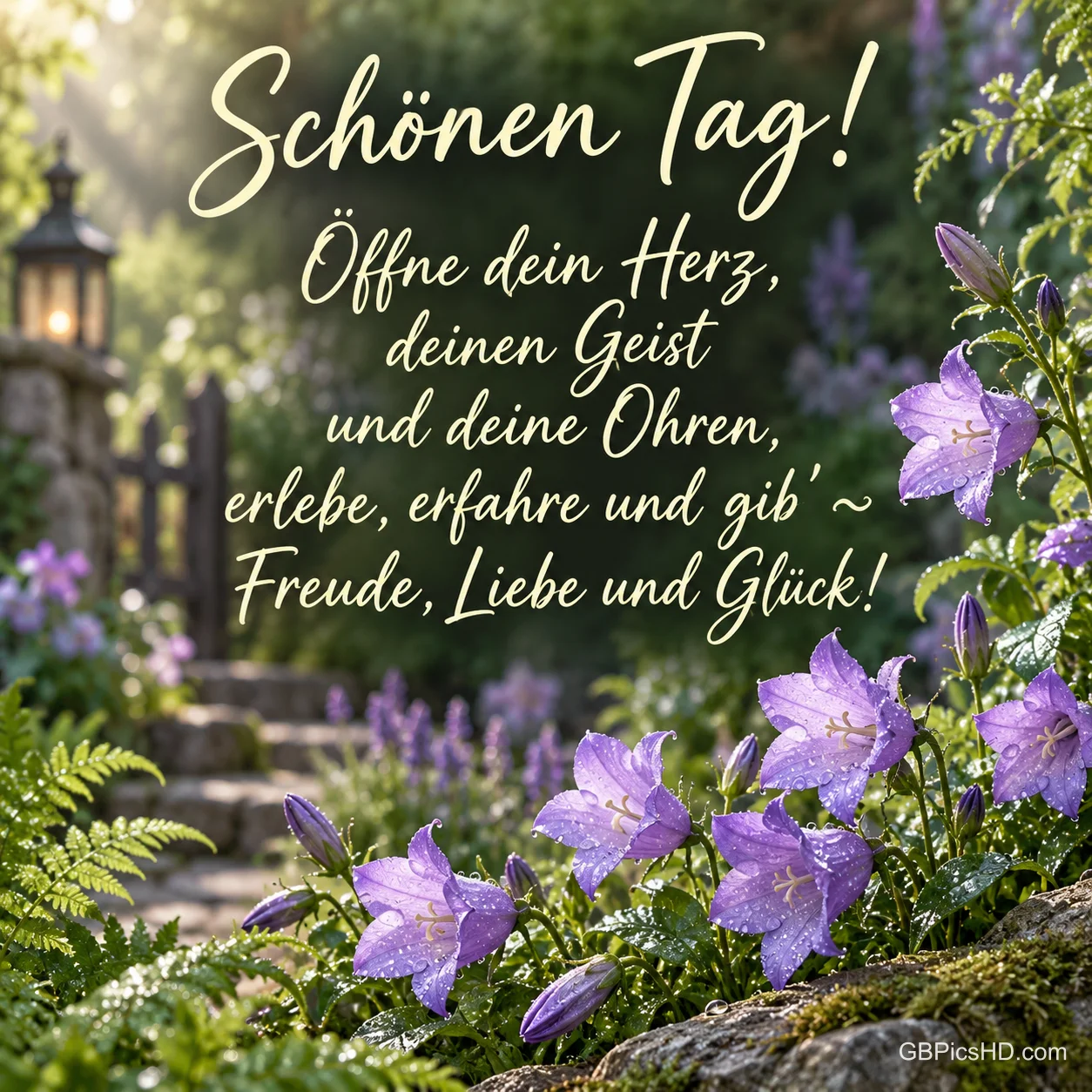 Lila Glockenblumen mit Tautropfen wachsen vor einem Gartenweg mit Laterne; darüber steht "Schönen Tag!".