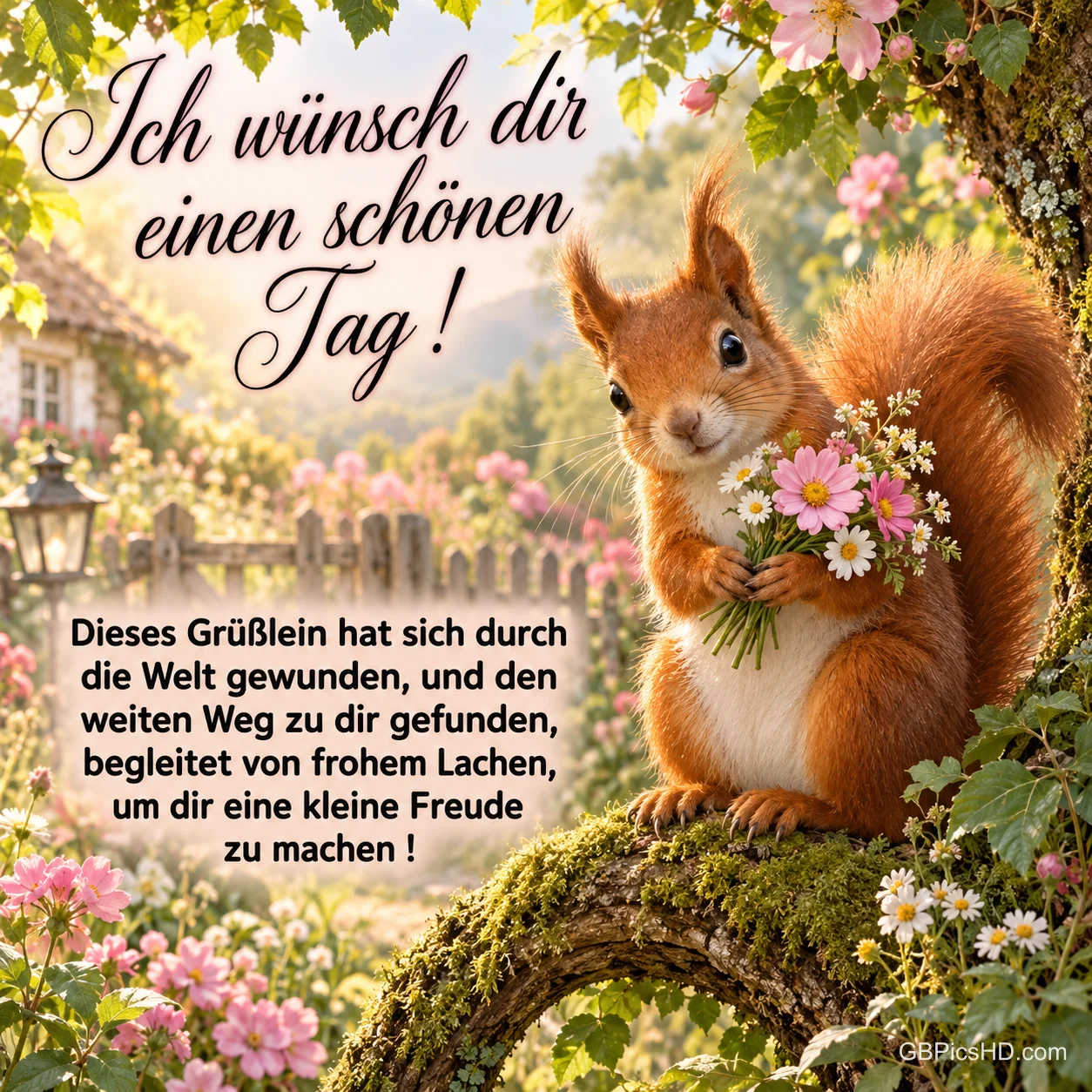 Ein Eichhörnchen hält einen Blumenstrauß auf einem moosigen Ast neben dem Gruß "Ich wünsch dir einen schönen Tag!".