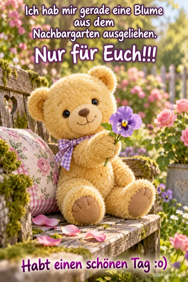 Ein Teddybär mit karierter Schleife hält eine lila Blume auf einer Gartenbank; unten steht "Habt einen schönen Tag :o)".