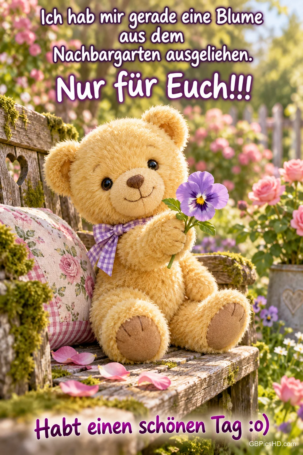 Ein Teddybär mit karierter Schleife hält eine lila Blume auf einer Gartenbank; unten steht "Habt einen schönen Tag :o)".