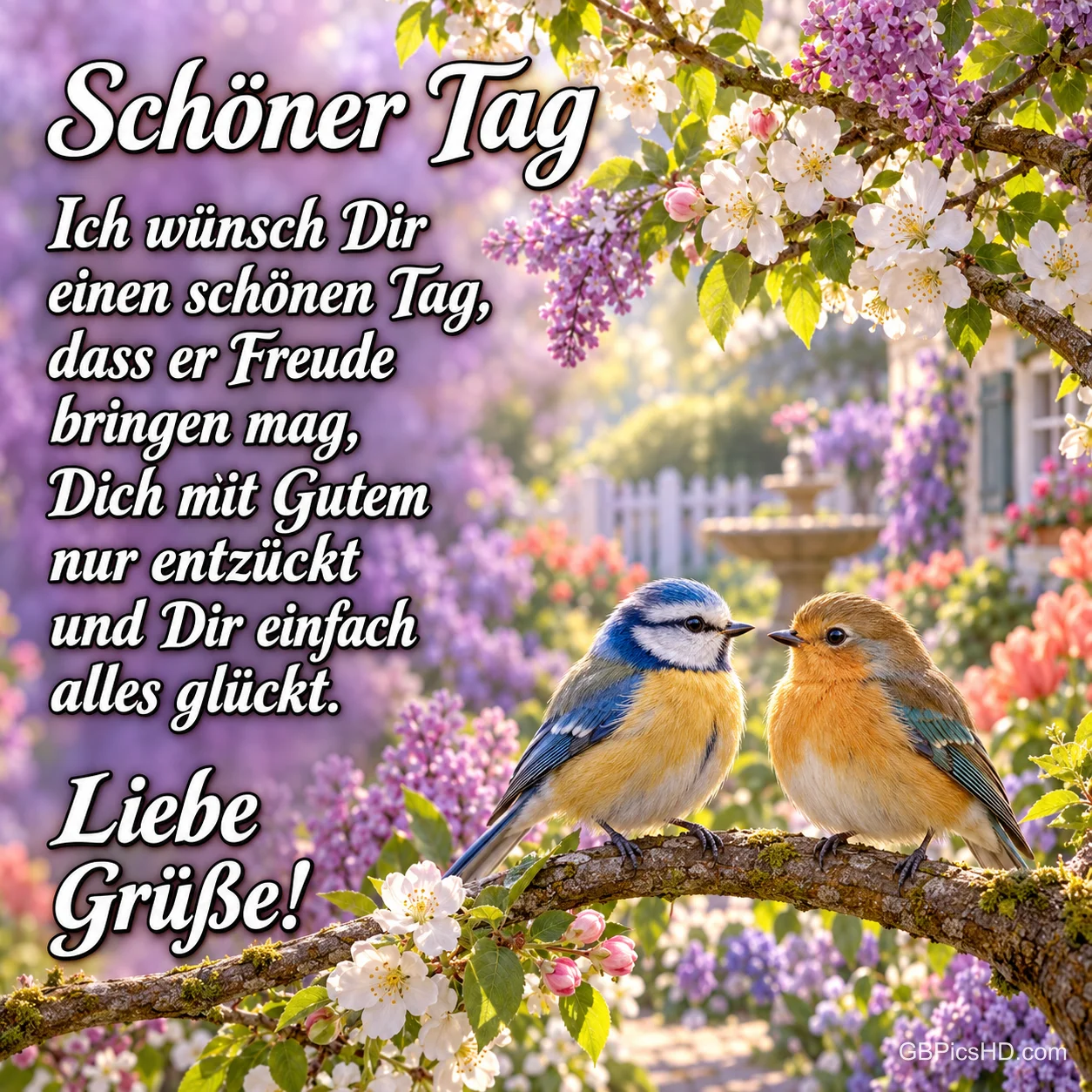 Zwei Vögel sitzen auf einem blühenden Ast vor einem bunten Garten; links stehen "Schöner Tag" und "Liebe Grüße!".