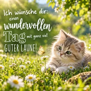 Ein Kätzchen liegt zwischen Gänseblümchen und schaut einen Schmetterling an; links steht "Ich wünsche dir: einen wundervollen Tag".