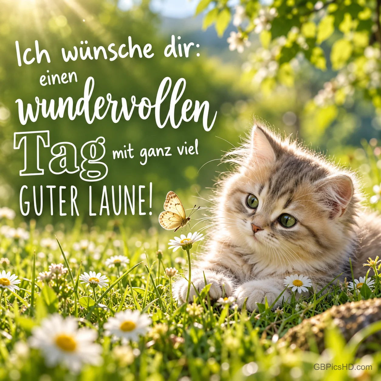 Ein Kätzchen liegt zwischen Gänseblümchen und schaut einen Schmetterling an; links steht "Ich wünsche dir: einen wundervollen Tag".