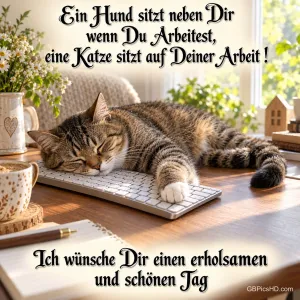 Eine getigerte Katze schläft auf einer Tastatur am Schreibtisch; darunter steht "Ich wünsche Dir einen erholsamen und schönen Tag".