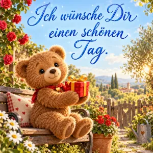 Ein Teddybär hält auf einer Gartenbank ein Geschenk unter "Ich wünsche Dir einen schönen Tag.".