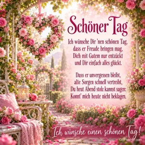 Ein herzförmiger Rosenkranz hängt über einem Gartensitzplatz mit Laterne; unten steht "Ich wünsche einen schönen Tag!".
