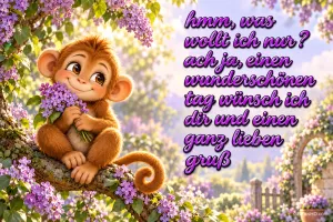 Ein gezeichneter Affe hält lila Blumen auf einem Ast; rechts steht "einen wunderschönen Tag wünsch ich dir".