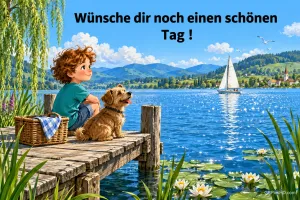Ein Junge und ein Hund sitzen am See auf einem Steg unter dem Gruß "Wünsche dir noch einen schönen Tag !".