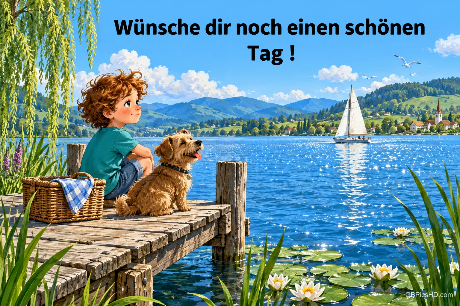 Ein Junge und ein Hund sitzen am See auf einem Steg unter dem Gruß "Wünsche dir noch einen schönen Tag !".
