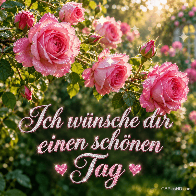 Rosa Rosen mit Wassertropfen leuchten im Sonnenlicht über dem Gruß "Ich wünsche dir einen schönen Tag".