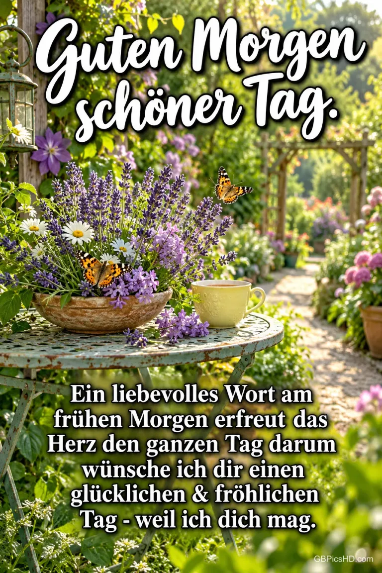 Auf einem Gartentisch stehen Blumen und eine gelbe Tasse, darüber "Guten Morgen schöner Tag." und darunter ein lieber Morgengruß.