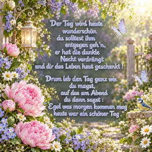 Blumen, eine Laterne, Schmetterlinge und ein kleiner Vogel umrahmen den Vers "Der Tag wird heute wunderschön".