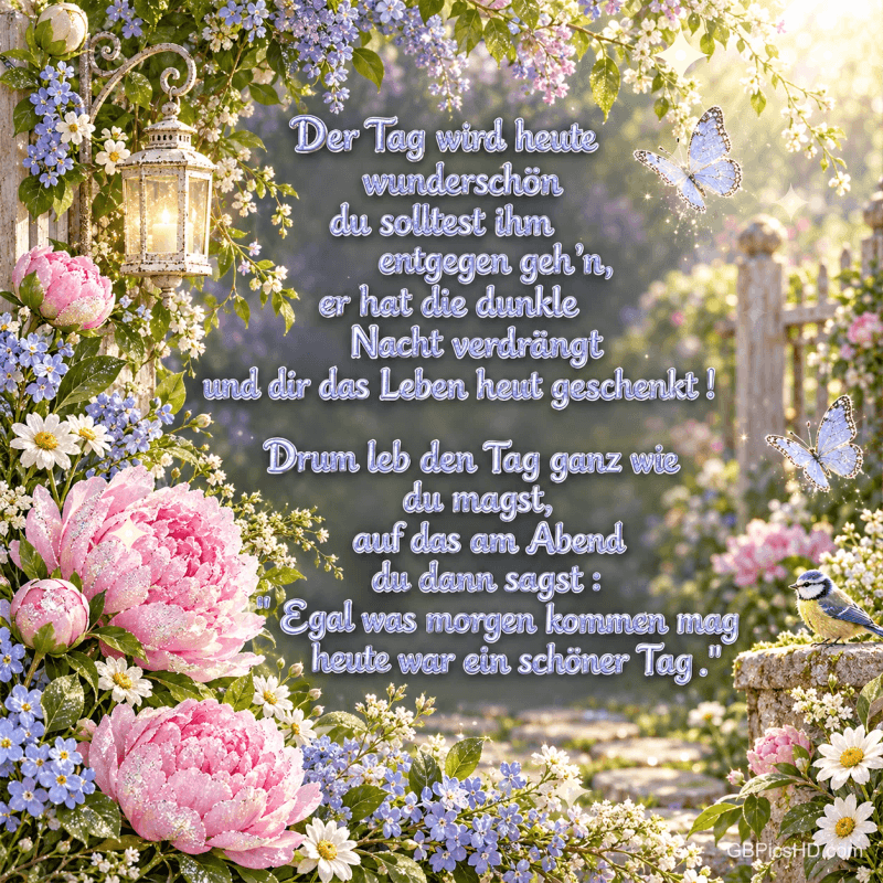 Blumen, eine Laterne, Schmetterlinge und ein kleiner Vogel umrahmen den Vers "Der Tag wird heute wunderschön".