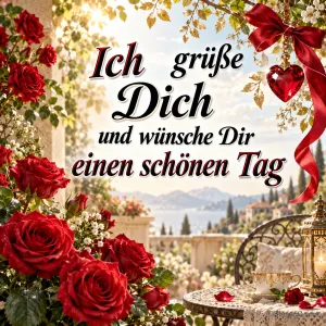 Rote Rosen, eine Schleife und ein Herz schmücken eine Terrasse mit dem Gruß "Ich grüße Dich und wünsche Dir einen schönen Tag".