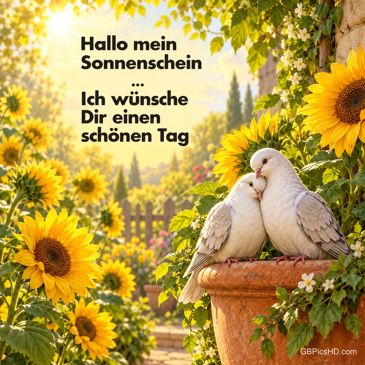 Zwei weiße Tauben kuscheln zwischen Sonnenblumen neben "Hallo mein Sonnenschein ... Ich wünsche Dir einen schönen Tag".