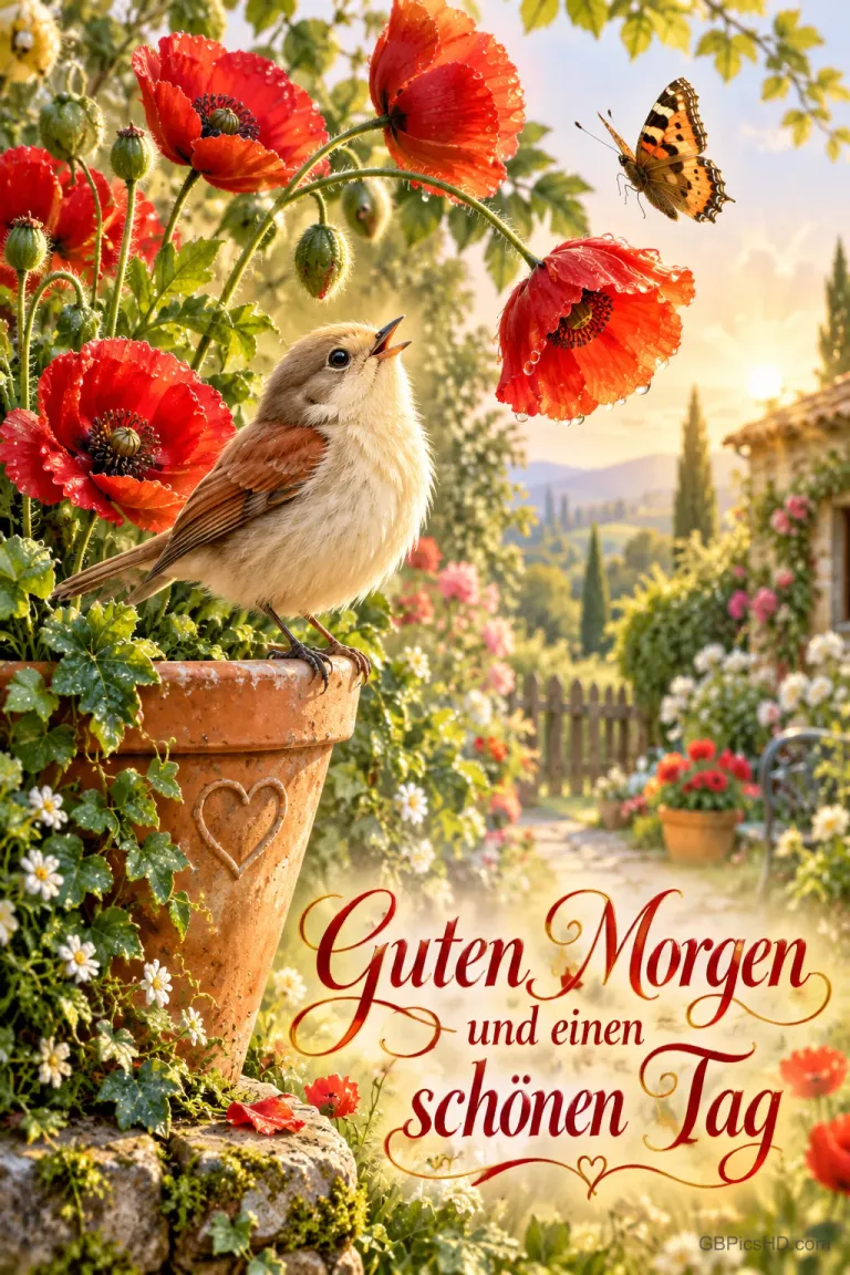 Ein Vogel sitzt zwischen roten Mohnblumen auf einem Blumentopf; darunter steht "Guten Morgen und einen schönen Tag".