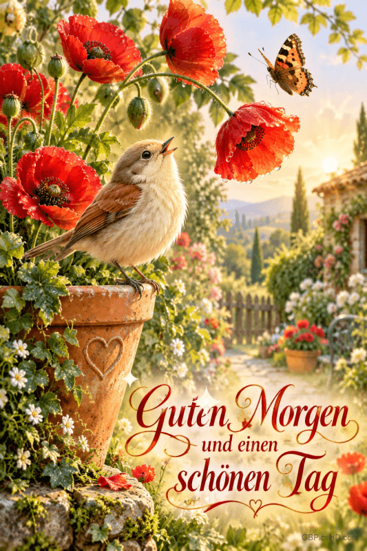 Ein Vogel sitzt zwischen roten Mohnblumen auf einem Blumentopf; darunter steht "Guten Morgen und einen schönen Tag".
