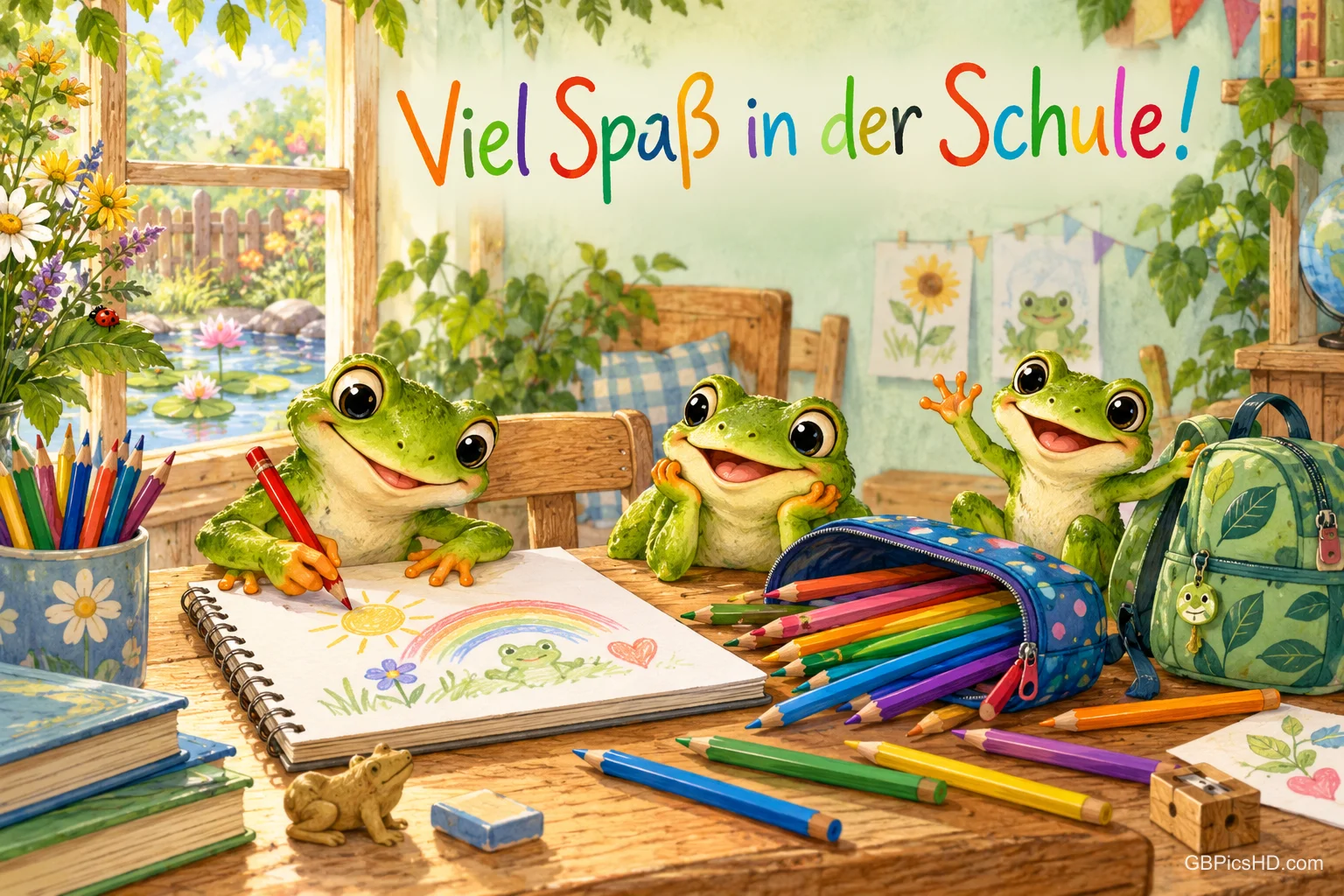 Drei fröhliche Frösche sitzen mit Buntstiften und einem Schulranzen am Tisch; darüber steht "Viel Spaß in der Schule!".