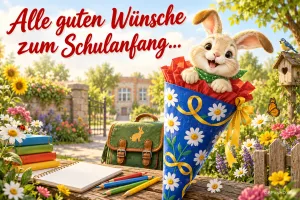 Ein Häschen sitzt in einer blauen Schultüte neben einem Schulranzen: "Alle guten Wünsche zum Schulanfang...".