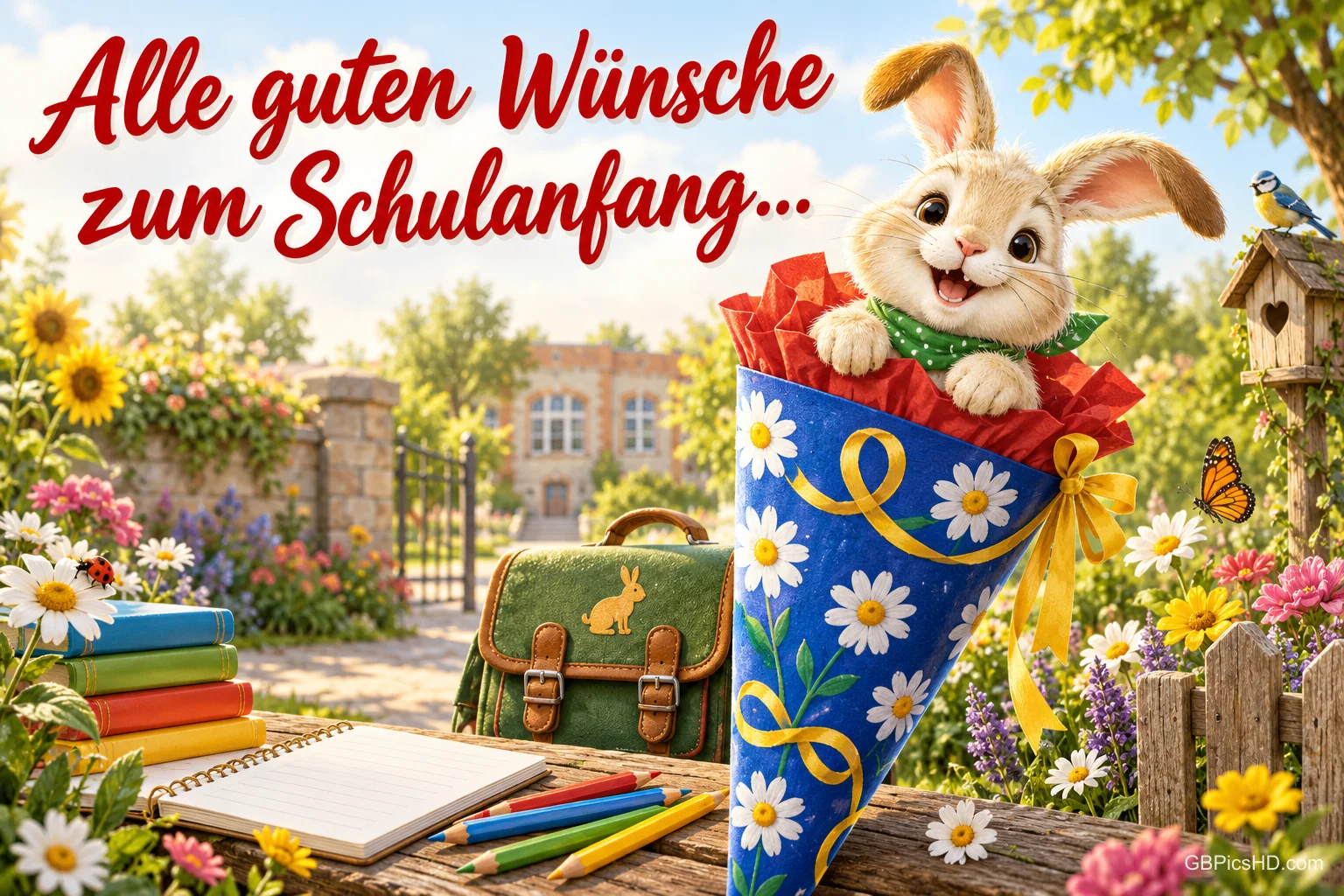 Ein Häschen sitzt in einer blauen Schultüte neben einem Schulranzen: "Alle guten Wünsche zum Schulanfang...".