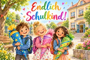 Drei fröhliche Kinder halten bunte Schultüten vor einem Schulgebäude unter dem Gruß "Endlich Schulkind!".