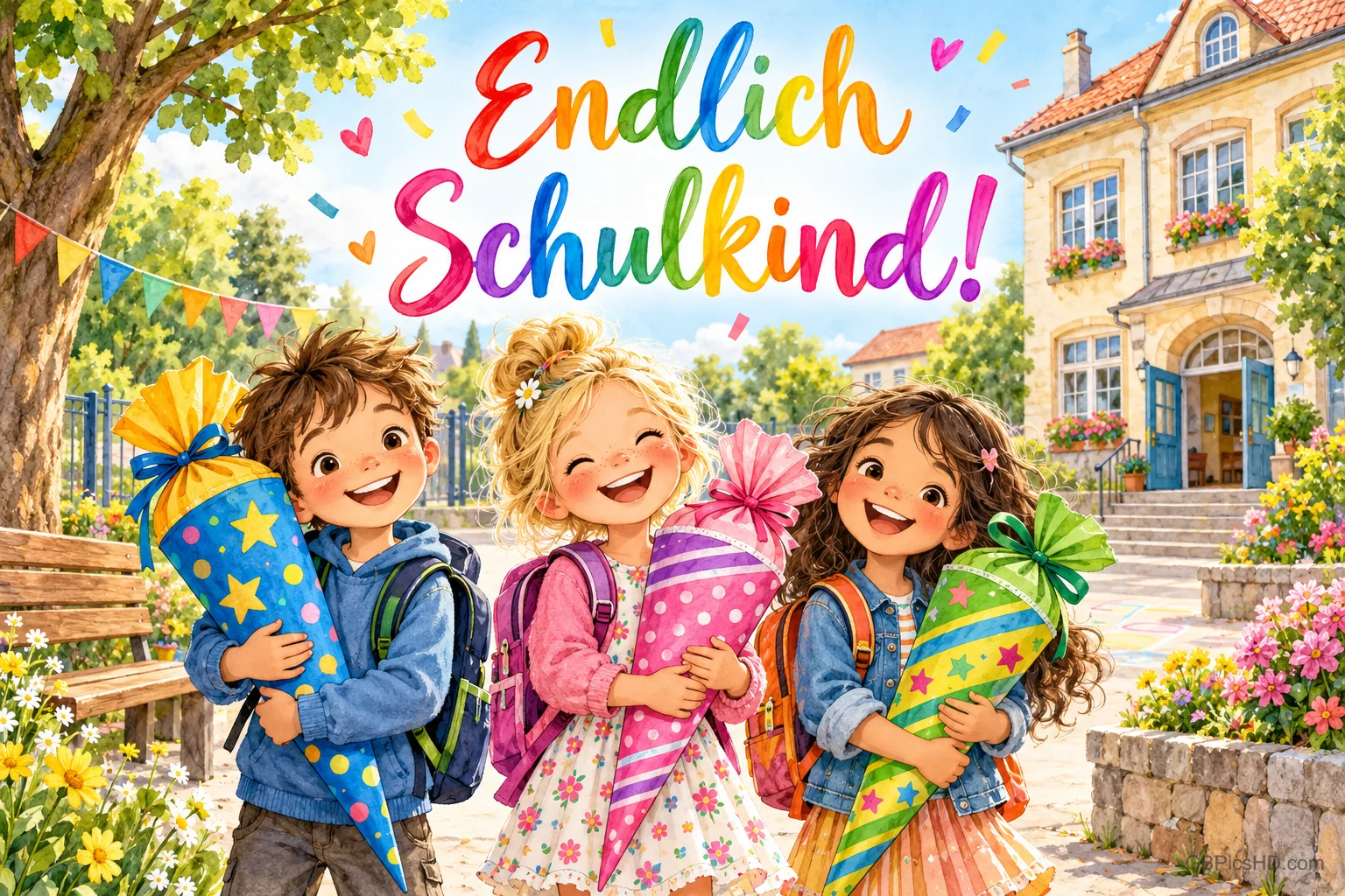 Drei fröhliche Kinder halten bunte Schultüten vor einem Schulgebäude unter dem Gruß "Endlich Schulkind!".