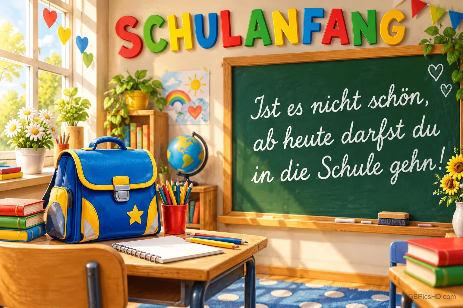 Ein Schulranzen steht vor einer Tafel mit "Schulanfang Ist es nicht schön, ab heute darfst du in die Schule gehen!".